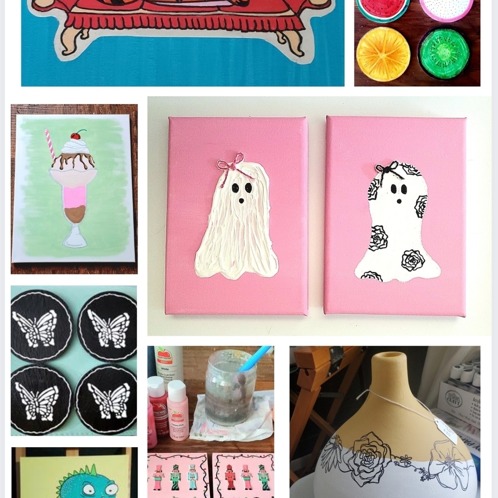 Hand Painted Canvas Art, Coaster Sets, Greeting Cards, And Vases